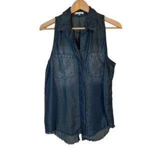 La Ju Women’s Sleeveless Raw Hem 100% Tencel Blue Denim Button Up Top Size L